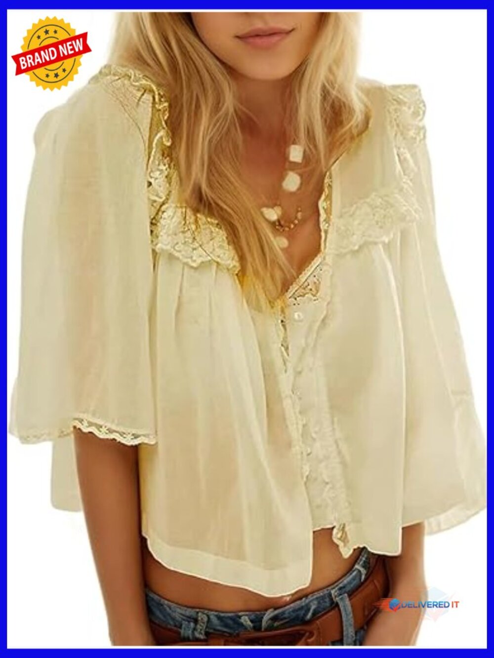 Boho Lace Button Down Top with Ruffle Trim V-Neck Half Sleeve Blouse